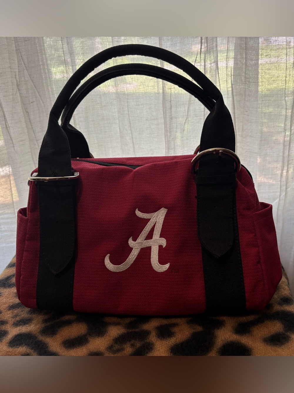Crimson A-Embroidered Canvas Satchel for Women